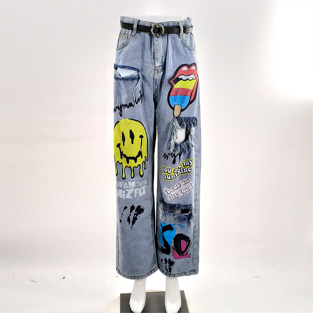 Women's Denim Printed Distressed Mid-Rise Straight-Leg Zip-Front Jeans