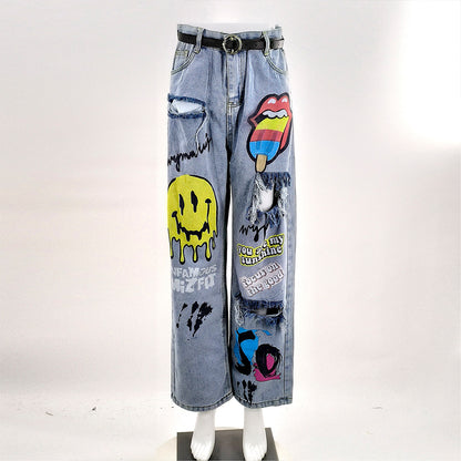 Women's Denim Printed Distressed Mid-Rise Straight-Leg Zip-Front Jeans