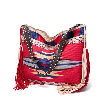 Vintage Southwestern Shoulder Bag - Handmade Tribal Large Capacity Boho Tote with Leather Fringe