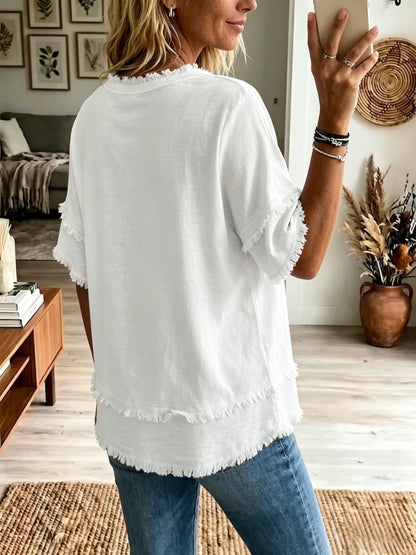 Casual Short-sleeve Raw-hem Linen-blend Top