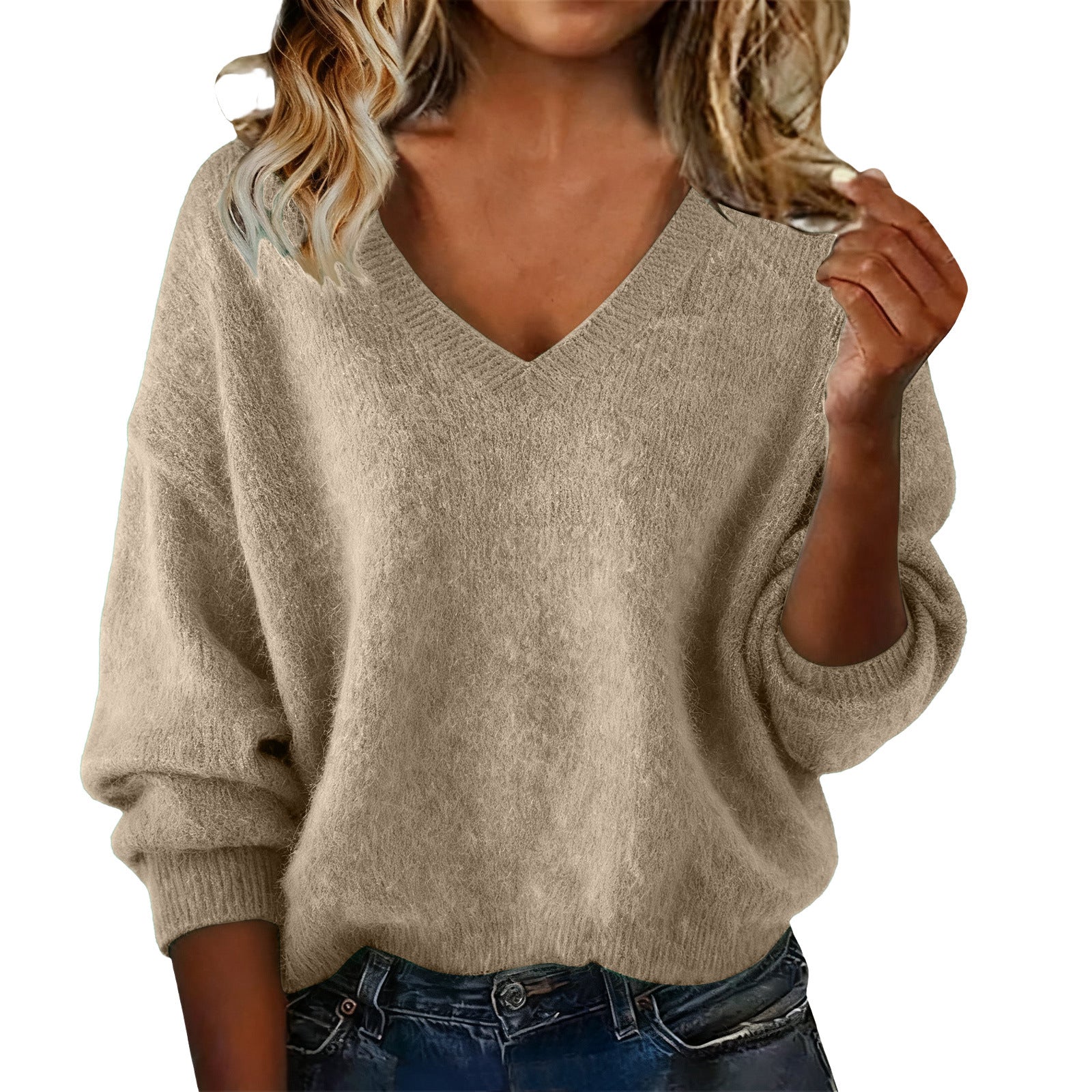 Women's V Solid Color Long Sleeve Knit Patchwork Relaxed-Fit Sweater