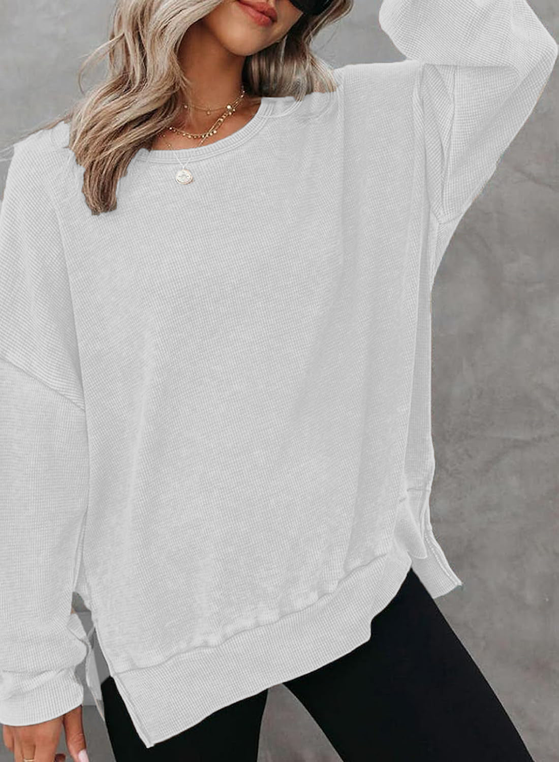 Waffle Knit Oversized Sweatshirt | Loose Fit Round Neck Side Slit Casual Long Sleeve T-Shirt Top