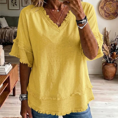 Casual Short-sleeve Raw-hem Linen-blend Top