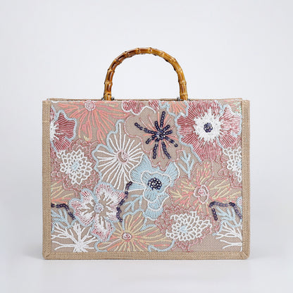 Luxury Bamboo Handle Sequin Floral Tote Bag - Large Capacity Straw & Jute Embroidered Travel Handbag