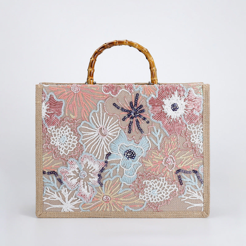 Luxury Bamboo Handle Sequin Floral Tote Bag - Large Capacity Straw & Jute Embroidered Travel Handbag