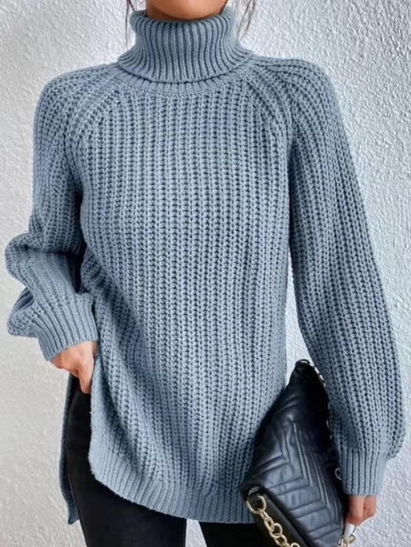 Women's Turtle Neck Ribbed Knit Sweater | Casual Long Sleeve Side Split Tunic Gown