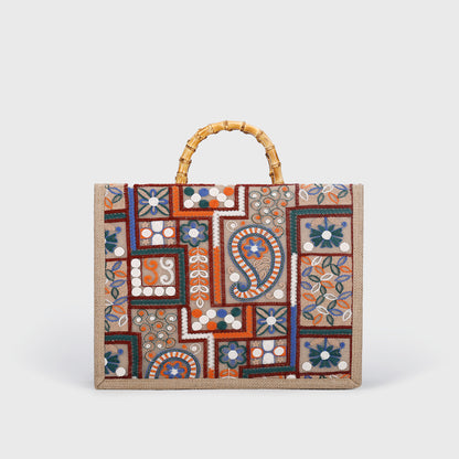 Luxury Bamboo Handle Sequin Floral Tote Bag - Large Capacity Straw & Jute Embroidered Travel Handbag