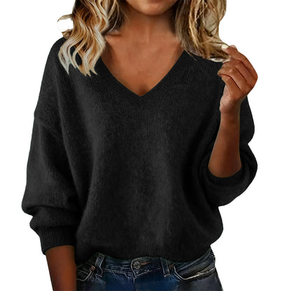 Women's V Solid Color Long Sleeve Knit Patchwork Relaxed-Fit Sweater