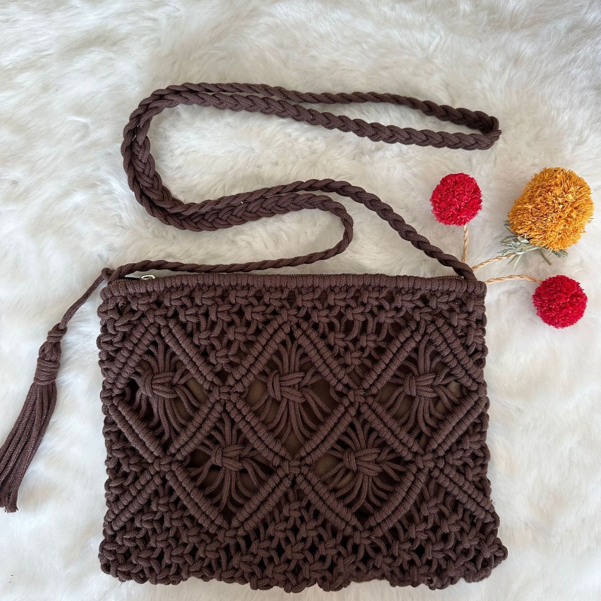 Bohemian Macrame Woven Crossbody Bag - Handmade Cotton Rope Envelope Clutch & Beach Purse with Tassel