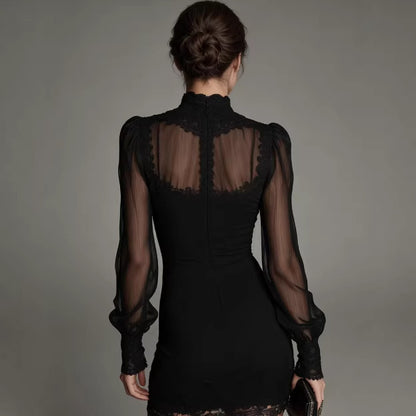 Women's Lace-Trim Patchwork Printed Solid-Color Slim-Fit Mid-Rise Dress