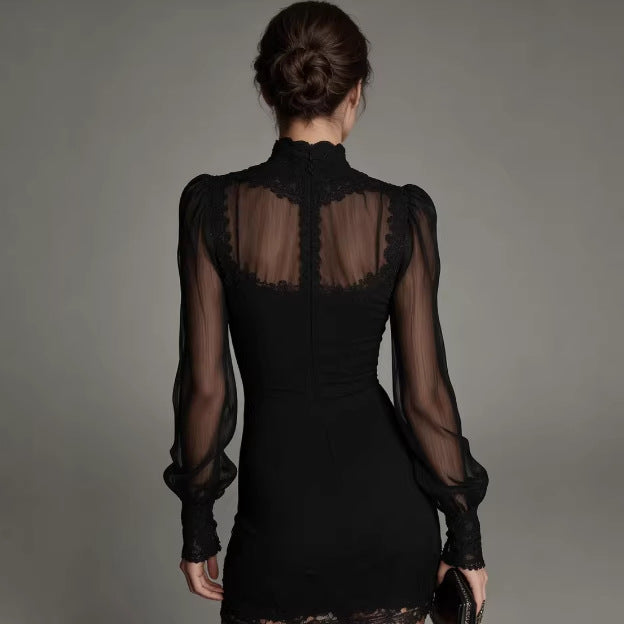 Women's Lace-Trim Patchwork Printed Solid-Color Slim-Fit Mid-Rise Dress