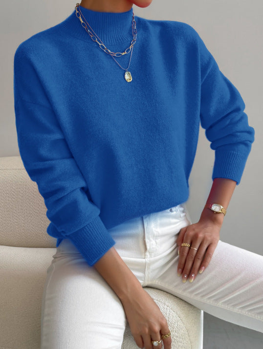 Women’s Mock Neck Long Sleeve Solid Knit Sweater Pullover with Ribbed Trim