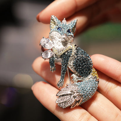 Blue Fox Brooch: Handmade Copper Zircon Crystal Jewelry