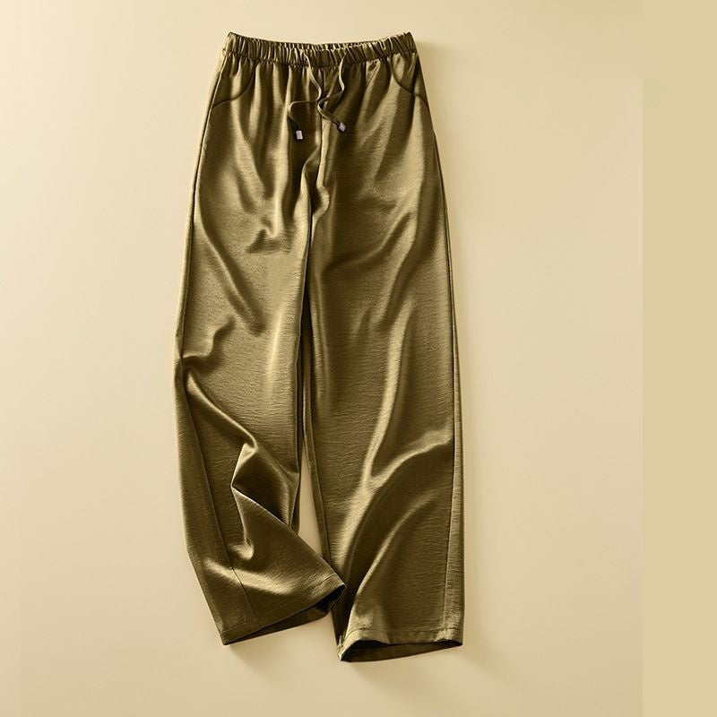 Luxury Silk-Satin Wide-Leg Pants - High-Waisted Loose Summer Lounge Trousers with Drawstring