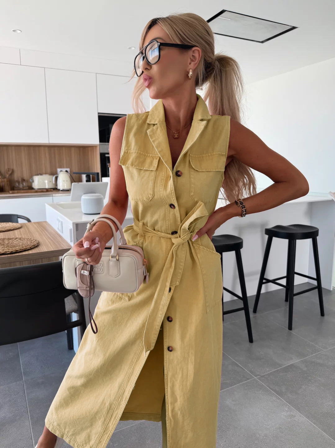 Vintage Solid Pink Denim Shirt Dress for Women - Elegant Turn-Down Collar Vest Dress