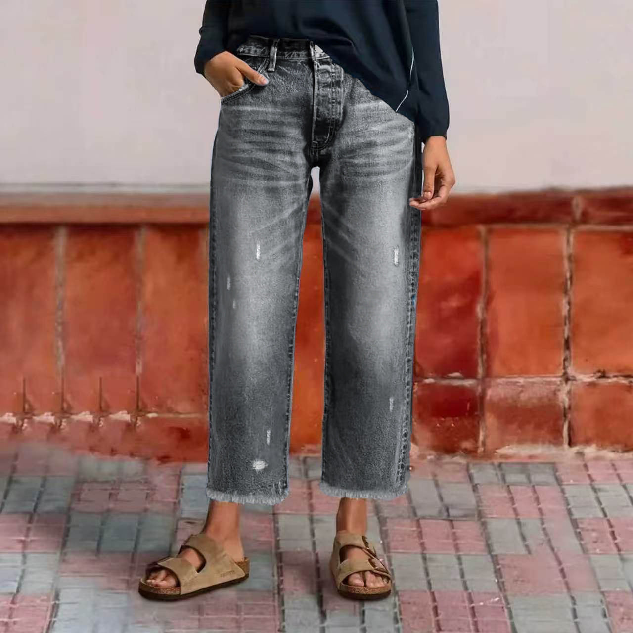 Vintage Washed Distressed Crop Jeans for Women - Loose Fit Raw Edge Trousers