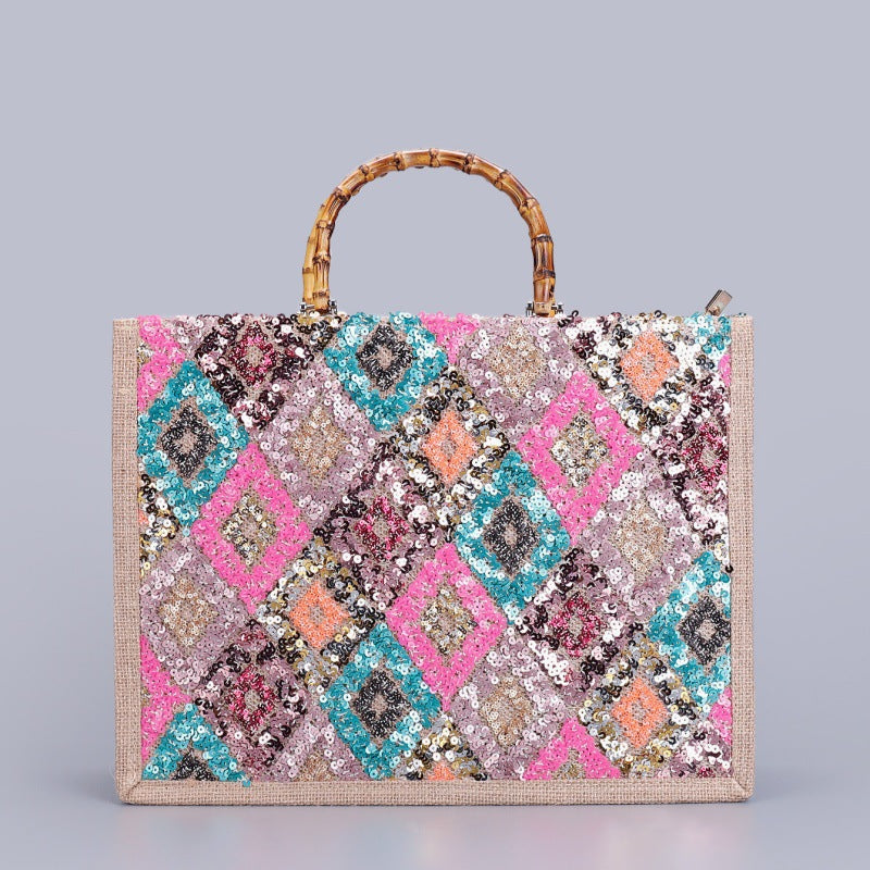 Luxury Bamboo Handle Sequin Floral Tote Bag - Large Capacity Straw & Jute Embroidered Travel Handbag