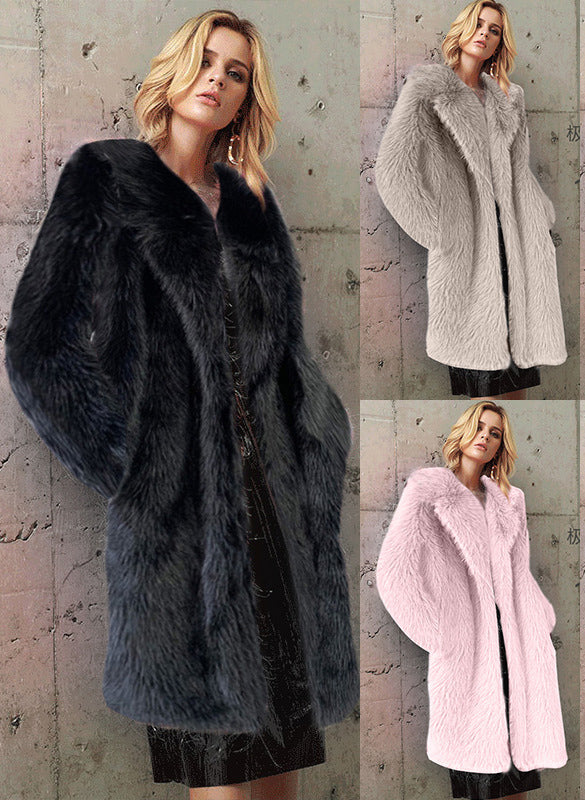 Women's Faux-Fur Notched-Lapel Long-Sleeve Longline Coat
