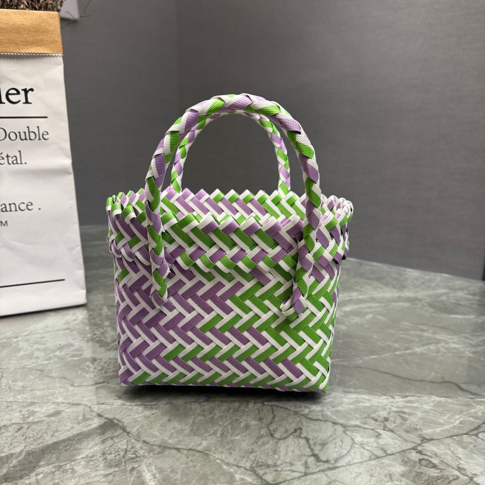 Bohemian Handwoven Upcycled Plastic Tote Bag - Retro Vibrant Striped Beach Basket & Gift Hamper Purse