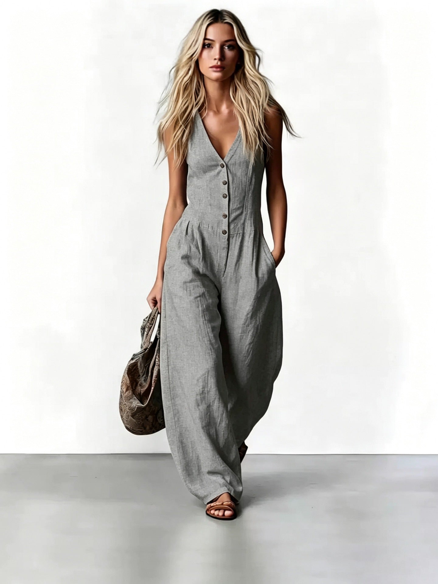 Women's V Neck Sleeveless Jumpsuit, Linen Look Wide Leg One Piece Outfit