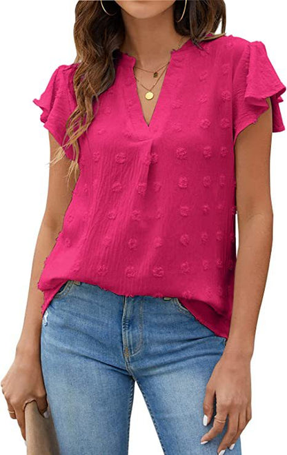 Swiss Dot V-Neck Chiffon Blouse | Ruffle Short Sleeve Casual Elegant Summer Shirt Top