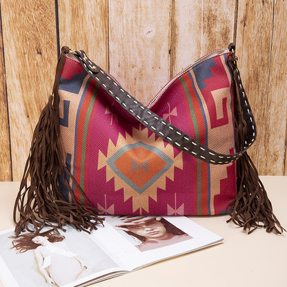 Vintage Southwestern Aztec Woven Shoulder Bag - Handmade Tribal Large Capacity Boho Tote with Leather Fringe