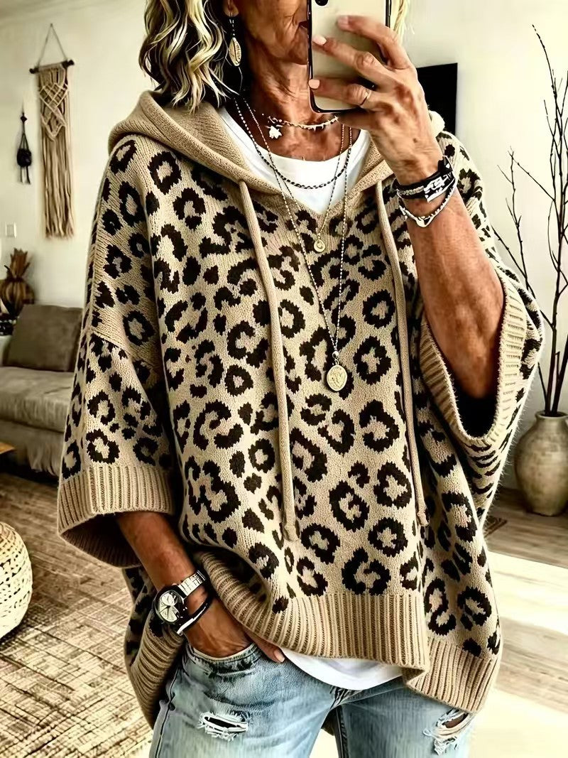 Knit Leopard-Print Hooded Drawstring Pullover Relaxed-Fit Sweater