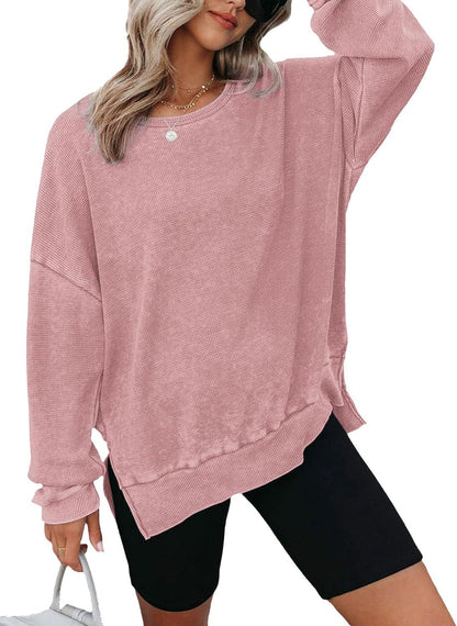 Waffle Knit Oversized Sweatshirt | Loose Fit Round Neck Side Slit Casual Long Sleeve T-Shirt Top