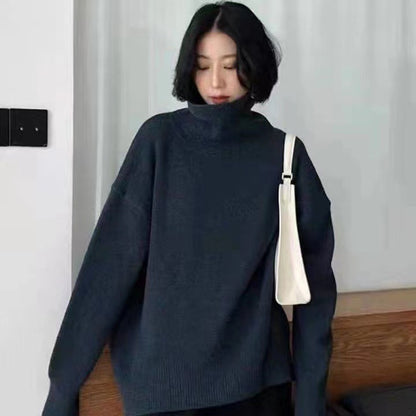 Chic Chunky Turtleneck Sweater - Slouchy Solid Knit Pullover Loose Fit Warm Winter Top