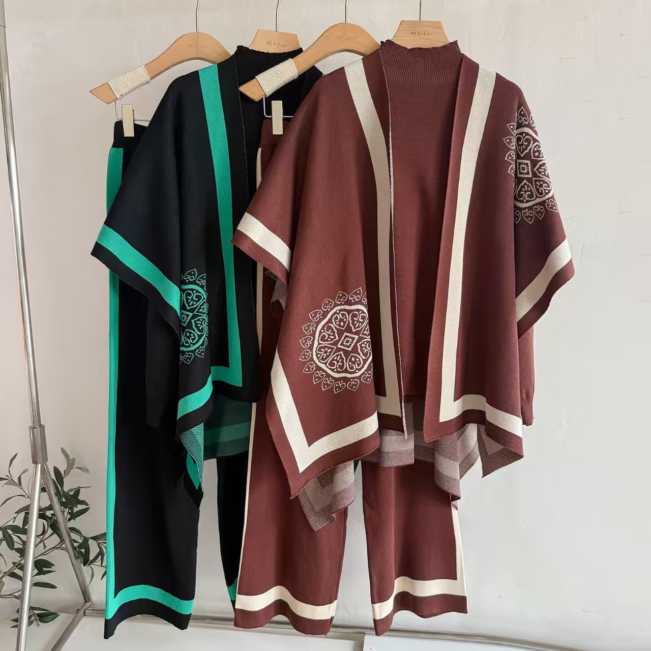 Old Money Geometric Knit 3-Piece Set | Sleeveless Mock Neck Vest Open Front Cardigan Shawl & Wide Leg Pants Suit
