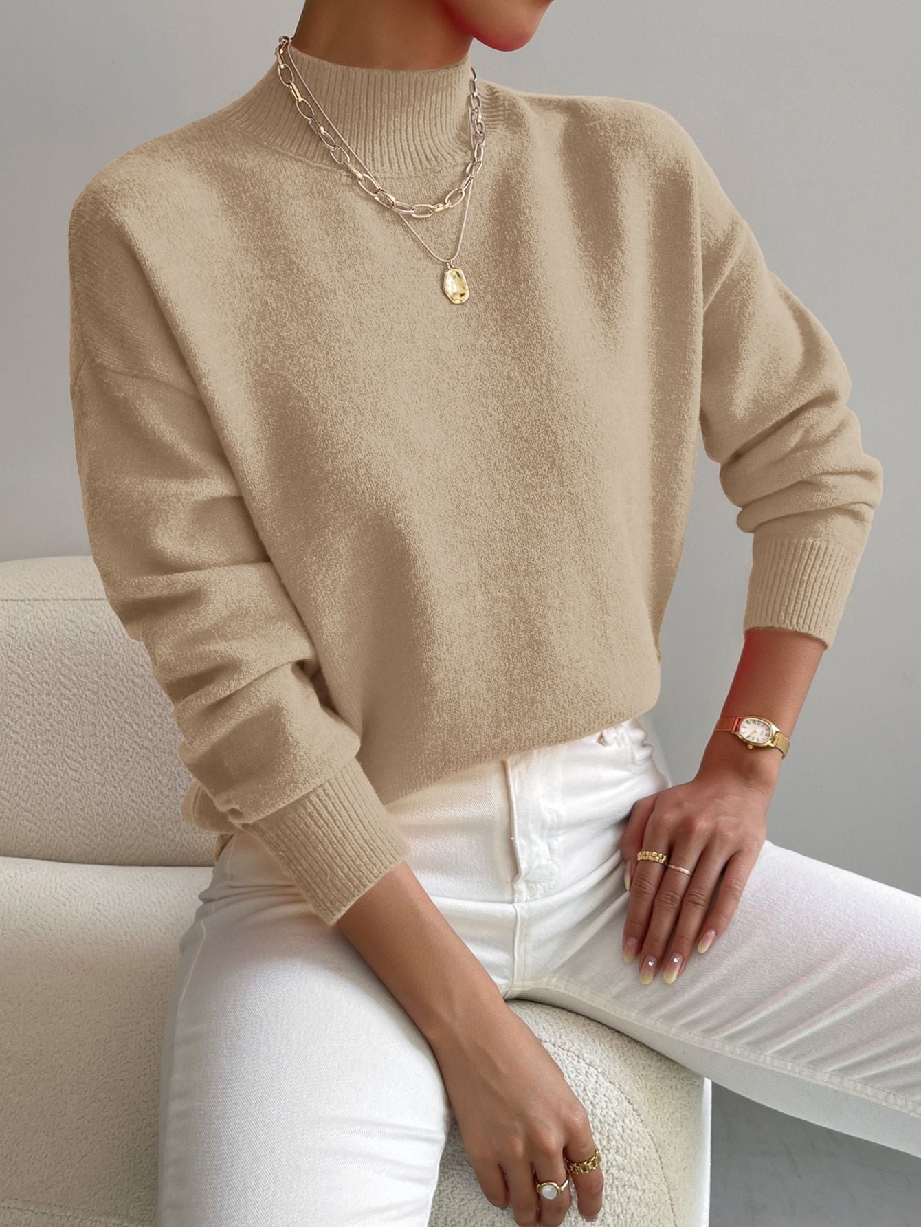 Women’s Mock Neck Long Sleeve Solid Knit Sweater Pullover with Ribbed Trim