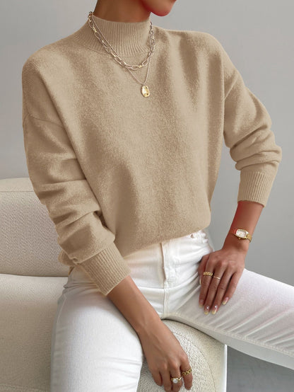 Women’s Mock Neck Long Sleeve Solid Knit Sweater Pullover with Ribbed Trim