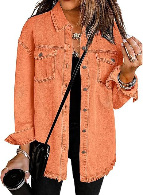 Women's Loose Casual Denim Shirt Jacket with Frayed Hem | Retro Washed Button Up Cotton Jean jacket