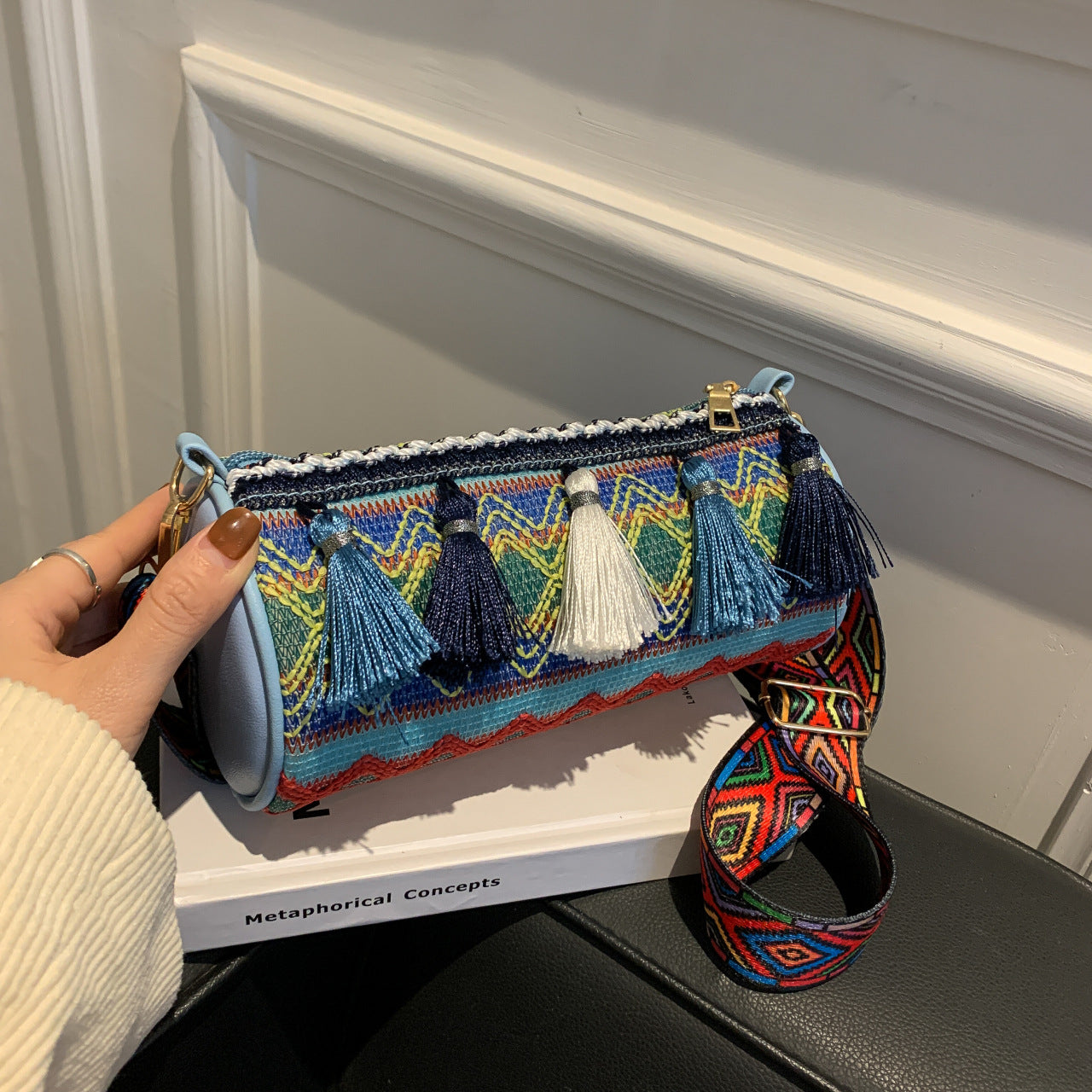 Bohemian Embroidered Cylinder Barrel Bag - Vintage Tribal Boston Shoulder Purse with Wide Strap & Tassels