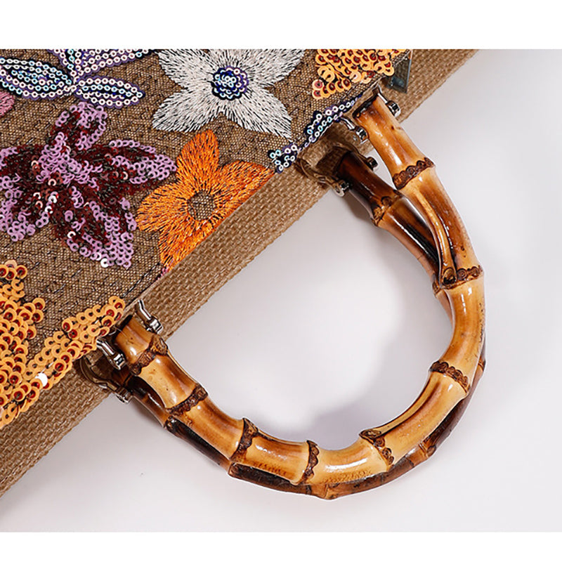 Luxury Bamboo Handle Sequin Floral Tote Bag - Large Capacity Straw & Jute Embroidered Travel Handbag