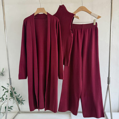 Mercerized Cotton Knit 3-Piece Set | Sleeveless Mock Neck Sweater Open Front Cardigan & Wide Leg Pants Suit