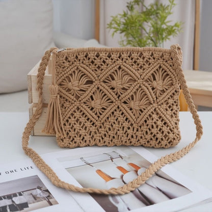 Bohemian Macrame Woven Crossbody Bag - Handmade Cotton Rope Envelope Clutch & Beach Purse with Tassel