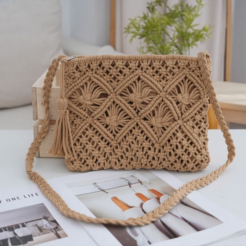 Bohemian Macrame Woven Crossbody Bag - Handmade Cotton Rope Envelope Clutch & Beach Purse with Tassel