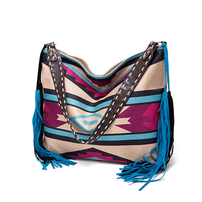Vintage Southwestern Shoulder Bag - Handmade Tribal Large Capacity Boho Tote with Leather Fringe