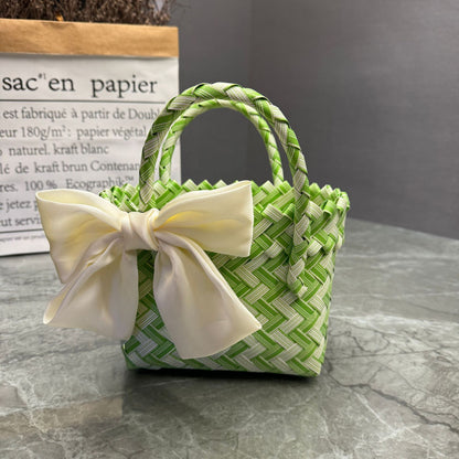 Bohemian Handwoven Upcycled Plastic Tote Bag - Retro Purple Checked Beach Basket with Large Pink Bow