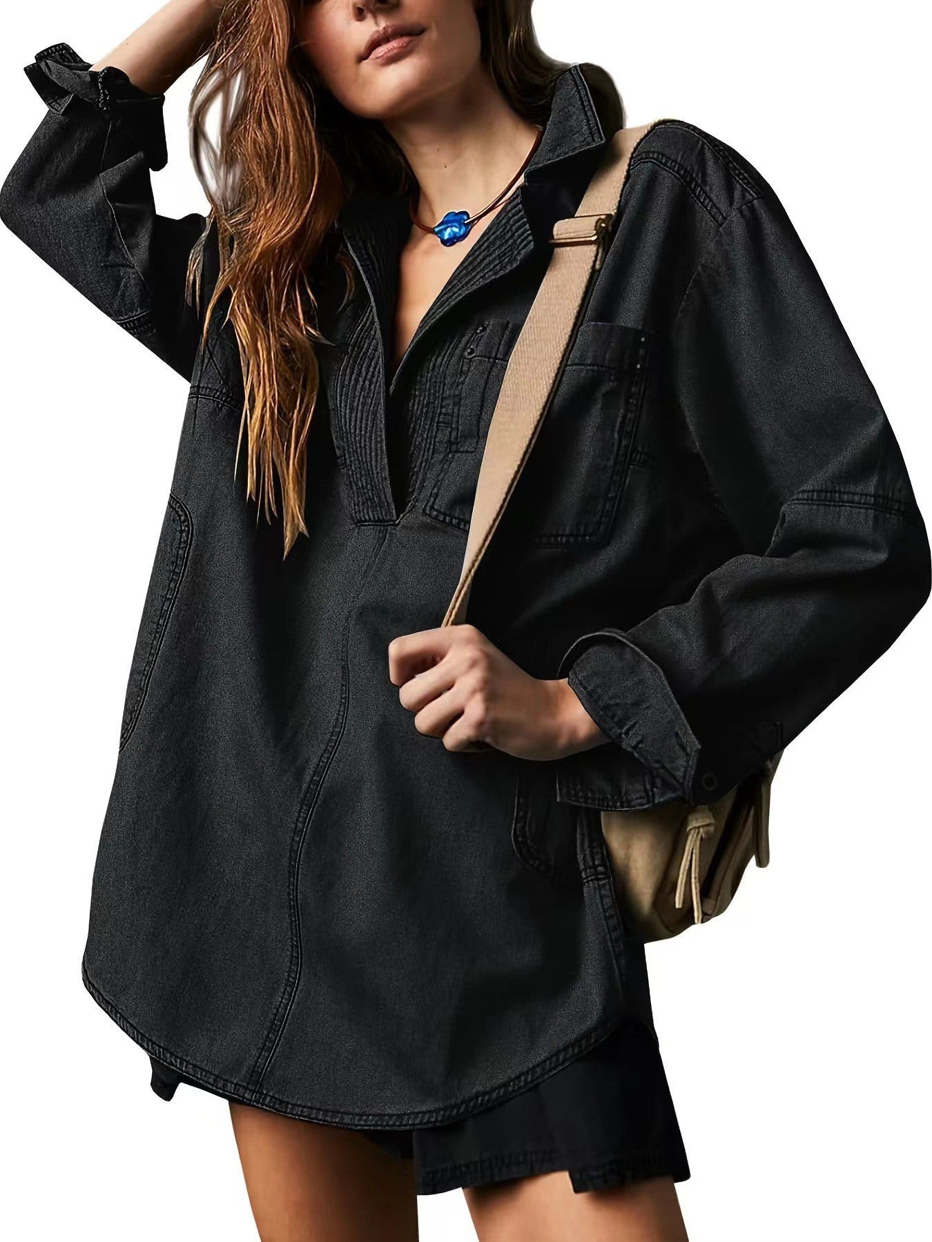Vintage Oversized Denim Blouse for Women - Chic Pullover Split Neck Tunics with Pockets