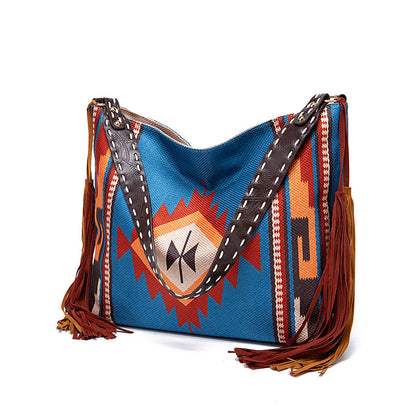 Vintage Southwestern Aztec Woven Shoulder Bag - Handmade Tribal Large Capacity Boho Tote with Leather Fringe