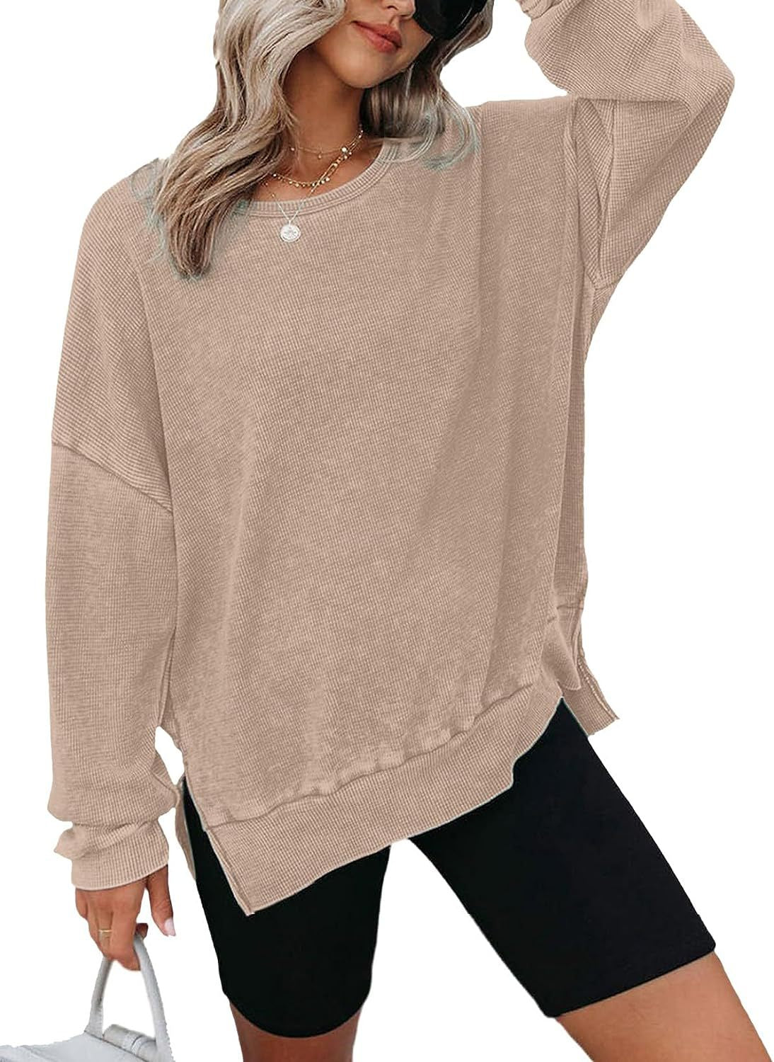 Waffle Knit Oversized Sweatshirt | Loose Fit Round Neck Side Slit Casual Long Sleeve T-Shirt Top
