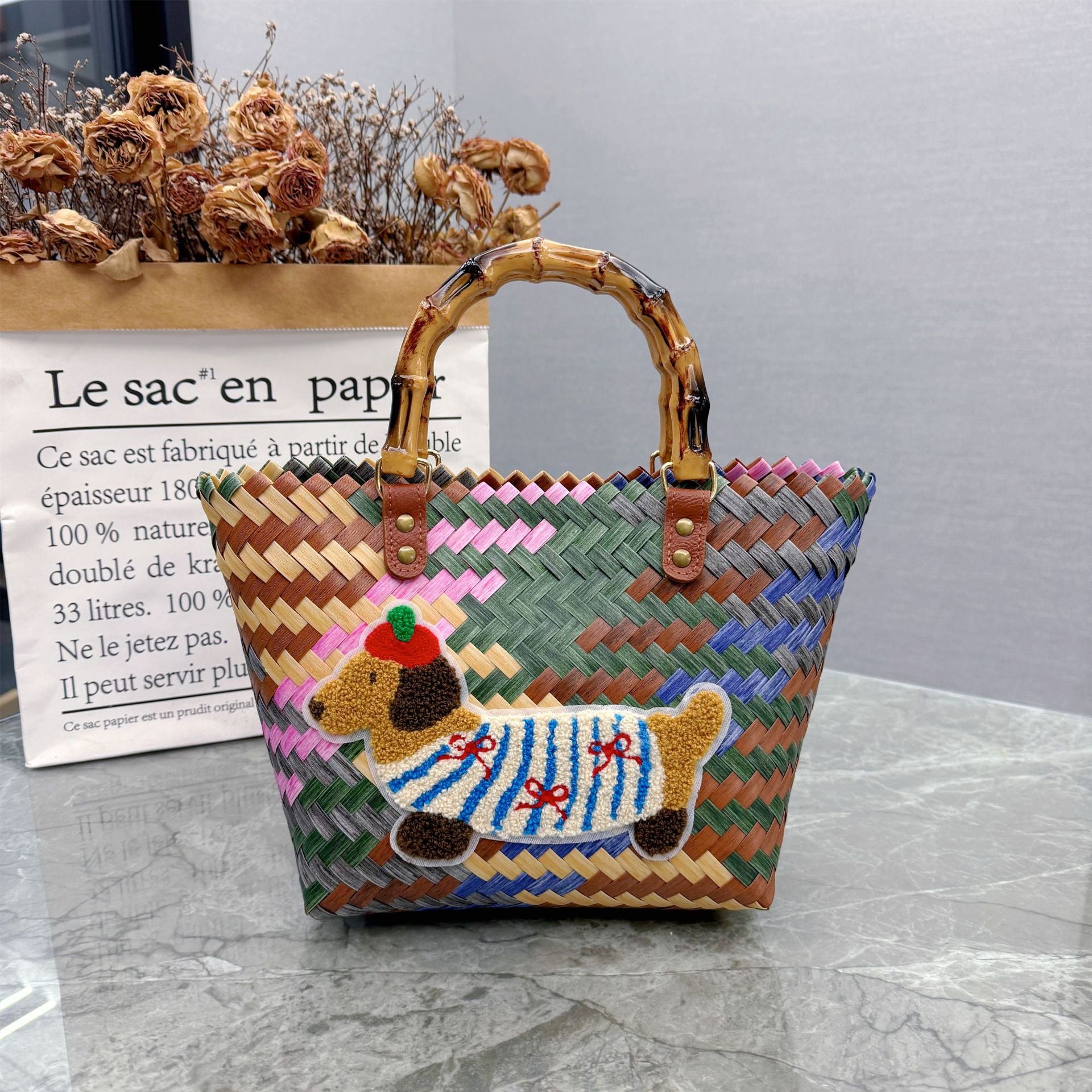 Luxury Bamboo Handle Dachshund Woven Tote Bag - Colorful Striped Polyester Straw Beach Travel Handbag