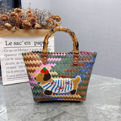 Luxury Bamboo Handle Dachshund Woven Tote Bag - Colorful Striped Polyester Straw Beach Travel Handbag