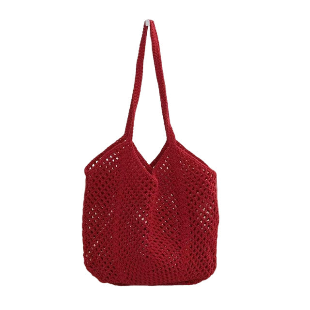 Bohemian Crochet Hollow-Out Straw Beach Tote Bag - Vintage Woven Mesh Shoulder Purse with Inner Pouch