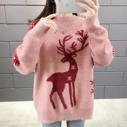 Festive Deers Jacquard Crewneck Sweater - Slouchy Long Sleeve Loose Pullover Knitwear