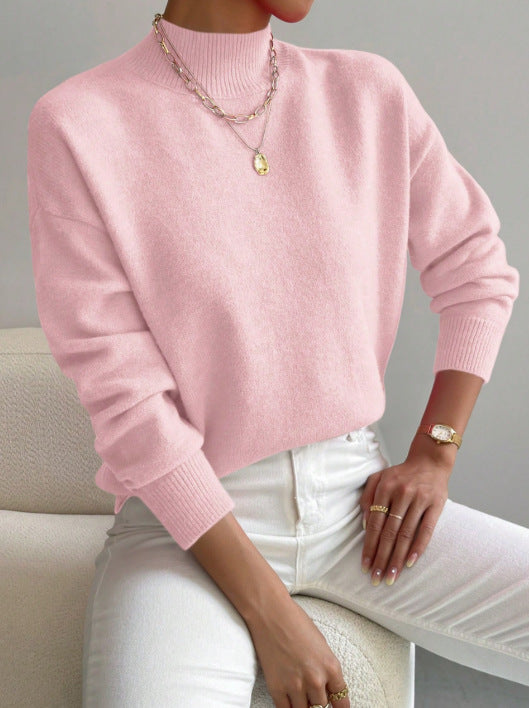Women’s Mock Neck Long Sleeve Solid Knit Sweater Pullover with Ribbed Trim