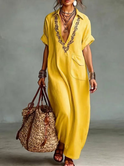 Boho Embroidered-Look Long Dress for Women - Elegant Split Neck Resort Vacation Kaftan