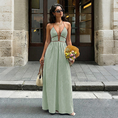 Beach Vacation Dress Color block Striped Print Cut Out Maxi Dress